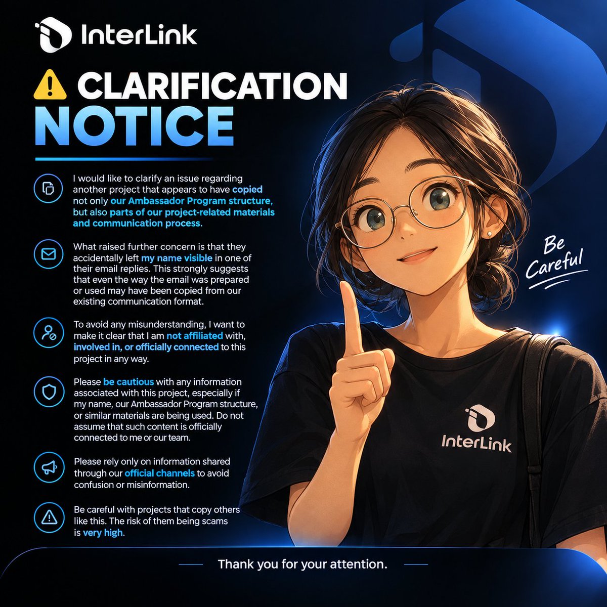 Xiomei1999's tweet photo. ⚠️ Important clarification: Be cautious of projects copying InterLink’s materials, Ambassador structure, or communication style. Always verify information through official channels to avoid scams and misinformation.

#InterLink #ITLG #ITL https://t.co/EtE8eMGWCc