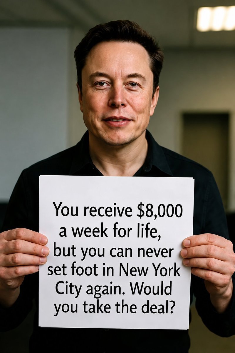 melibson1Q's tweet photo. Elon offers you this deal: $8,000 every week for life, but you can never visit New York City again. What do you do? 🤔

A) Taking the money 💰
B) Keeping NYC 🗽
C) Need more than $8K/week 😅
D) Depends on the fine print 📜 https://t.co/PJTBFbrbQb