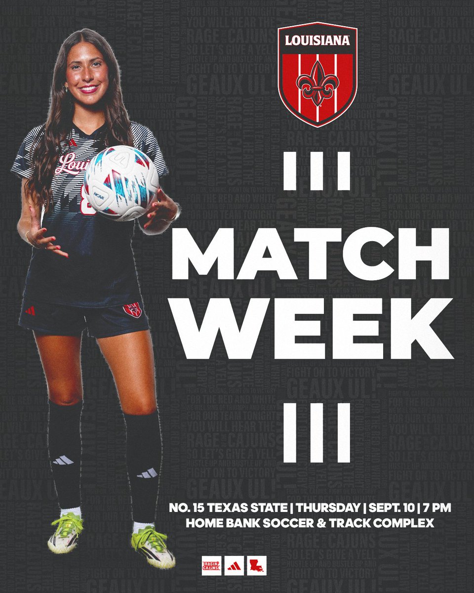 RaginCajunsSOC's tweet photo. Louisiana welcomes a familiar foe to #TheBank for a ๐ง๐ต๐๐ฟ๐๐ฑ๐ฎ๐ ๐ก๐ถ๐ด๐ต๐ ๐๐๐๐๐๐ข๐จ๐ง
๐ No. 15 Texas State
๐ 9.10.26
โฐ 7 pm
๐๏ธ Home Bank Soccer & Track Complex
๐๏ธ FREE
#GeauxCajuns https://t.co/RDox8h4g18