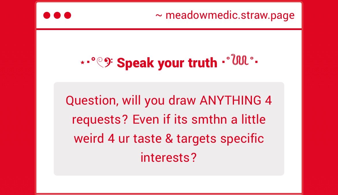 Meadow_Medic's tweet photo. Hi!! Absolutely not. I have request rules. It stays within canon, some fanon can be asked within reigns. This is a SFW account &amp; I have boundaries. Please read them. “Targets specific interests.’ Idk what u mean by that, but this is a S-F-W account. https://t.co/DaeTpSTEQA
