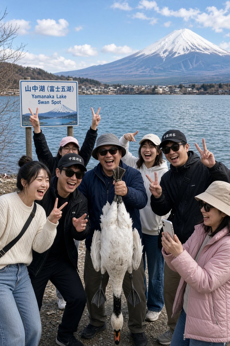 airi_fact_555's tweet photo. 奈良の鹿を蹴るのと一緒ですね…
白鳥の首を掴んで吊るすとかやめろ！

中国人観光客が、山中湖（富士五湖）の白鳥を追いかけたり、首を掴んで逆さまに吊るしたりして遊ぶ行為をする

※山中湖は鳥獣の特別保護地区 https://t.co/jPMACJfJi4