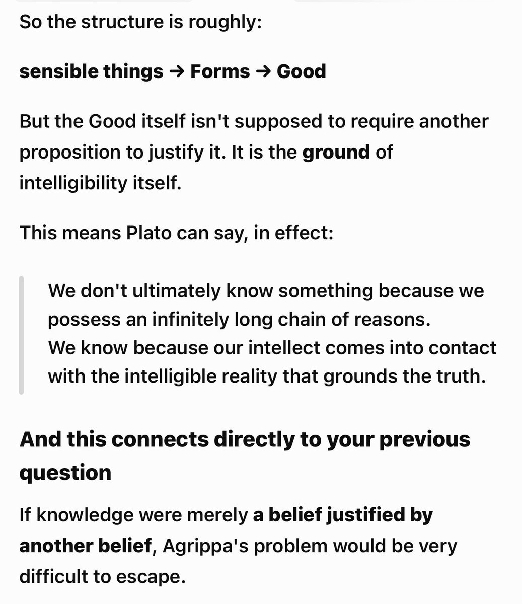 illyriusx's tweet photo. Platonic epistemology is a better answer to Agrippa’s trilemma than Jay Dyer’s presuppositional Orthodox Christian position because it is true, intuitive, simple, universal, theologically and ideologically neutral, and not dependent on the supposed infallibility of any scripture. 

And, thus, Platonism is the real TAG. 

Platonic epistemology explained below by ChatGPT: