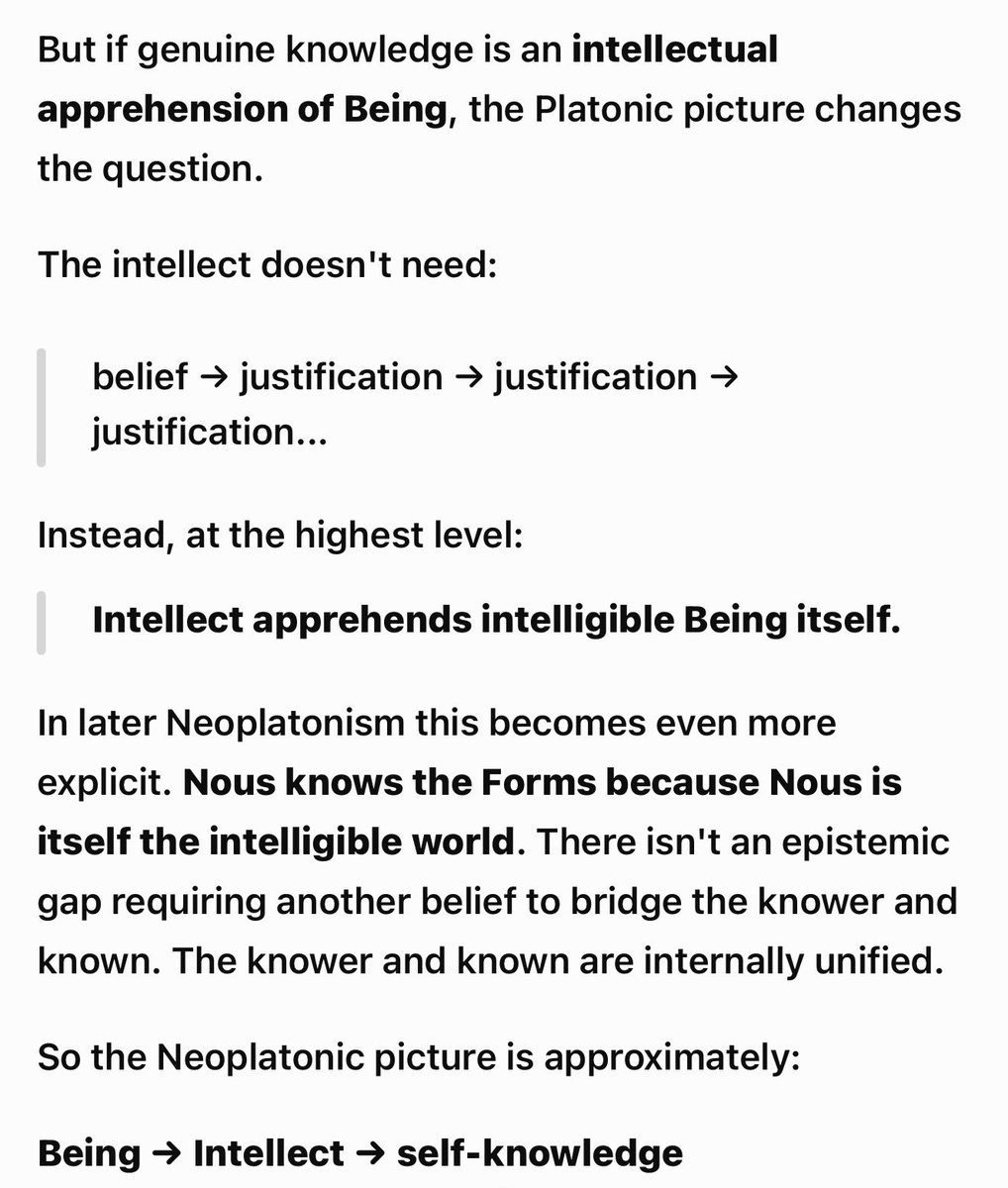 illyriusx's tweet photo. Platonic epistemology is a better answer to Agrippa’s trilemma than Jay Dyer’s presuppositional Orthodox Christian position because it is true, intuitive, simple, universal, theologically and ideologically neutral, and not dependent on the supposed infallibility of any scripture. 

And, thus, Platonism is the real TAG. 

Platonic epistemology explained below by ChatGPT: