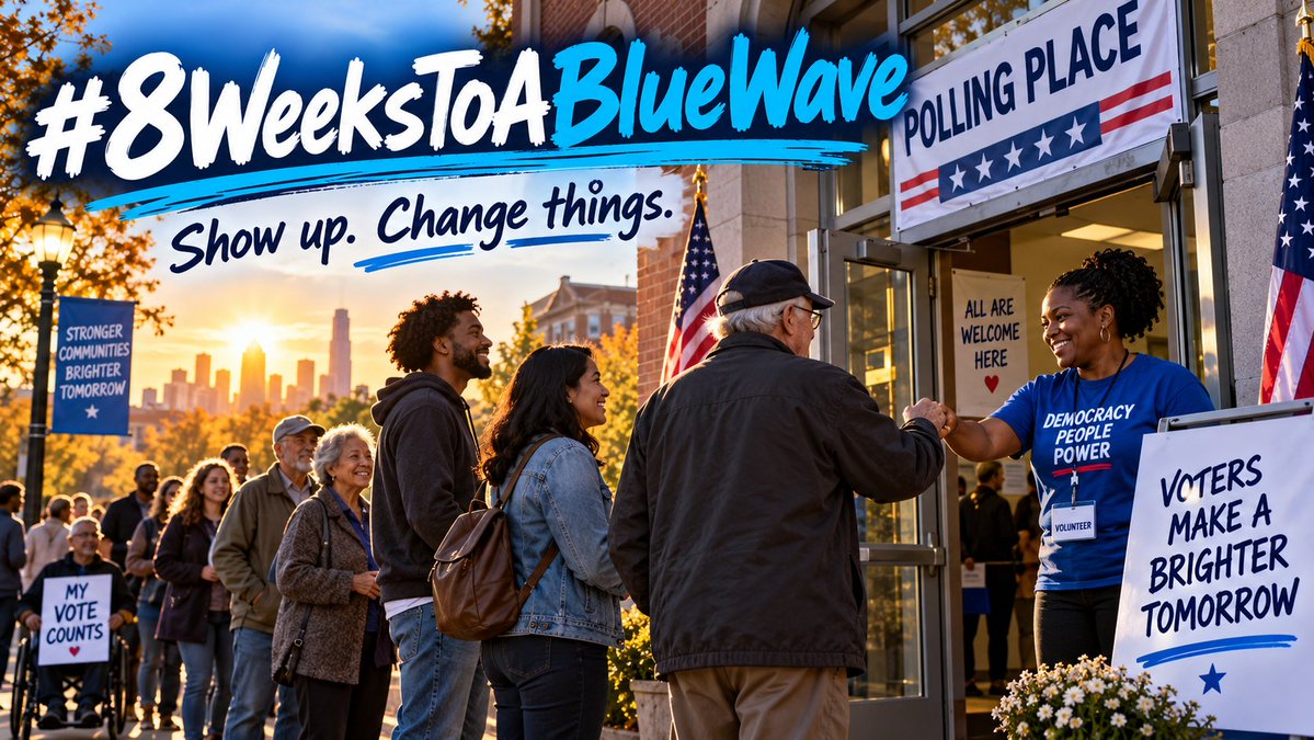 realTuckFrumper's tweet photo. Eight weeks is enough time to stop doomscrolling, start organizing, and remind apathy it picked the wrong damn election cycle. Show up, bring friends, and let turnout do the talking. #8WeeksToABlueWave https://t.co/DkoqGstu5d