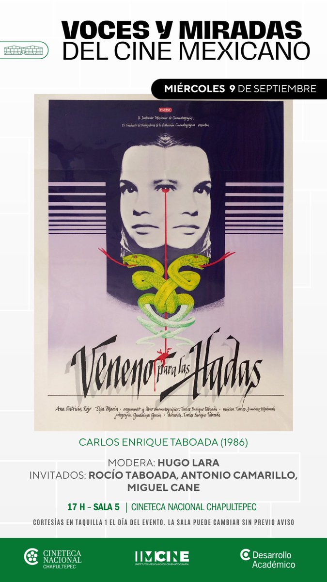 acamaril's tweet photo. Estoy invitado a comentar la proyección de VENENO PARA LAS HADAS (1986), de Carlos Enrique Taboada que tendrá lugar este miércoles 9 a las 17:00 horas en @CinetecaMexico de Chapultepec. Me acompañan @AliasCane y Rocío Amezquita, viuda del director, modera @hugo_lara. ¡Los espero! https://t.co/M4NI9Fn0Iw