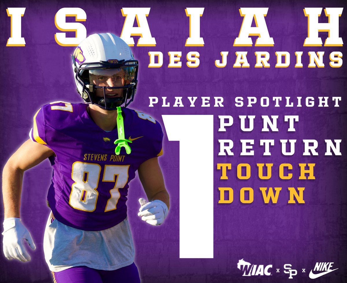 UWSPFootball's tweet photo. Week 1 Player Spotlight

Junior WR Isaiah Des Jardins returned a first quarter punt 65 yards for his first career touchdown in Saturday’s home opener!

#AboveTheLine | #DawgDNA🧬 https://t.co/hwzKJCF3uJ
