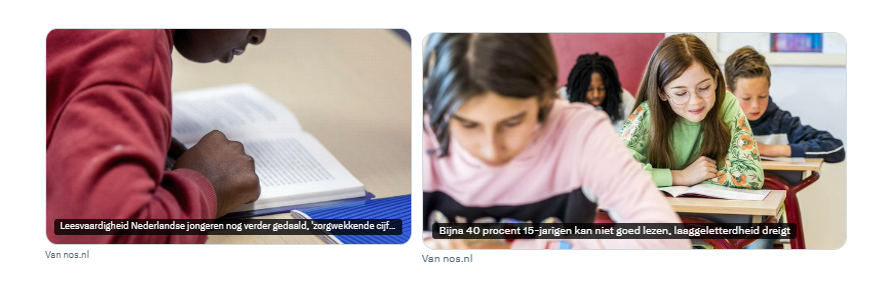 Mirjam152's tweet photo. Aanvankelijk plaatste NOS de linkerfoto bij een artikel over de slechte leesvaardigheid van jongeren in Nederland. Ik dacht: 'die blijft niet lang staan'. Et voilà, een paar uur later had NOS de rechterfoto. 

Grappig hm, die voorspelbaarheid. https://t.co/OulLtyQCD0
