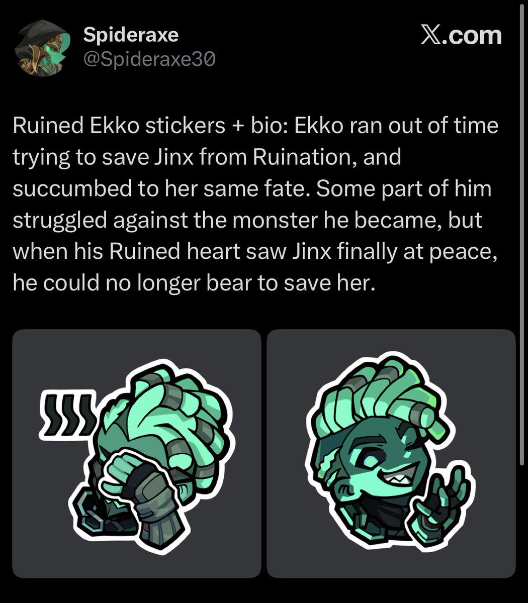 WitTBso's tweet photo. Like I don’t get it Riot. At this point either give Ekko his own story or connect Jinx’s to Ekko. Why name drop her and revolve Ekko around her but not the other way around? They always do this when it comes to both of them in a story https://t.co/dtwqyiibQC