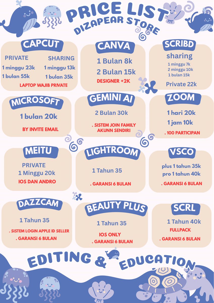 oxcalis's tweet photo. JUAL APP PREM APLIKASI PREMIUM HARIAN BULANAN MINGGU PRIVATE SHARING 
viu yt youtube music famplan netflix 1p1u indplan pro prime we tv video vidio platinum wetv hbo disney canva capcut member scribd zoom microsoft 365 designer gemini scrl meitu lightroom

https://t.co/ZkSgtNqmb2 https://t.co/0okA1jE4i7