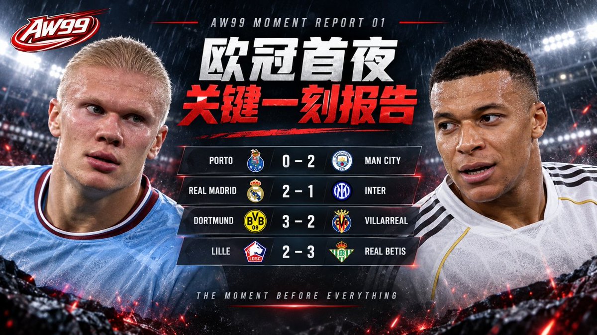 aw99media's tweet photo. 欧冠首夜不只看比分：曼城抓住第47分钟，皇马惩罚两次失误，多特用五分钟结束均势，贝蒂斯完成逆转。AW99赛前验收：方向命中，确切比分未中。

#aw99 #曼城 #皇马 #波尔图 #欧冠 https://t.co/f891hv2NdM