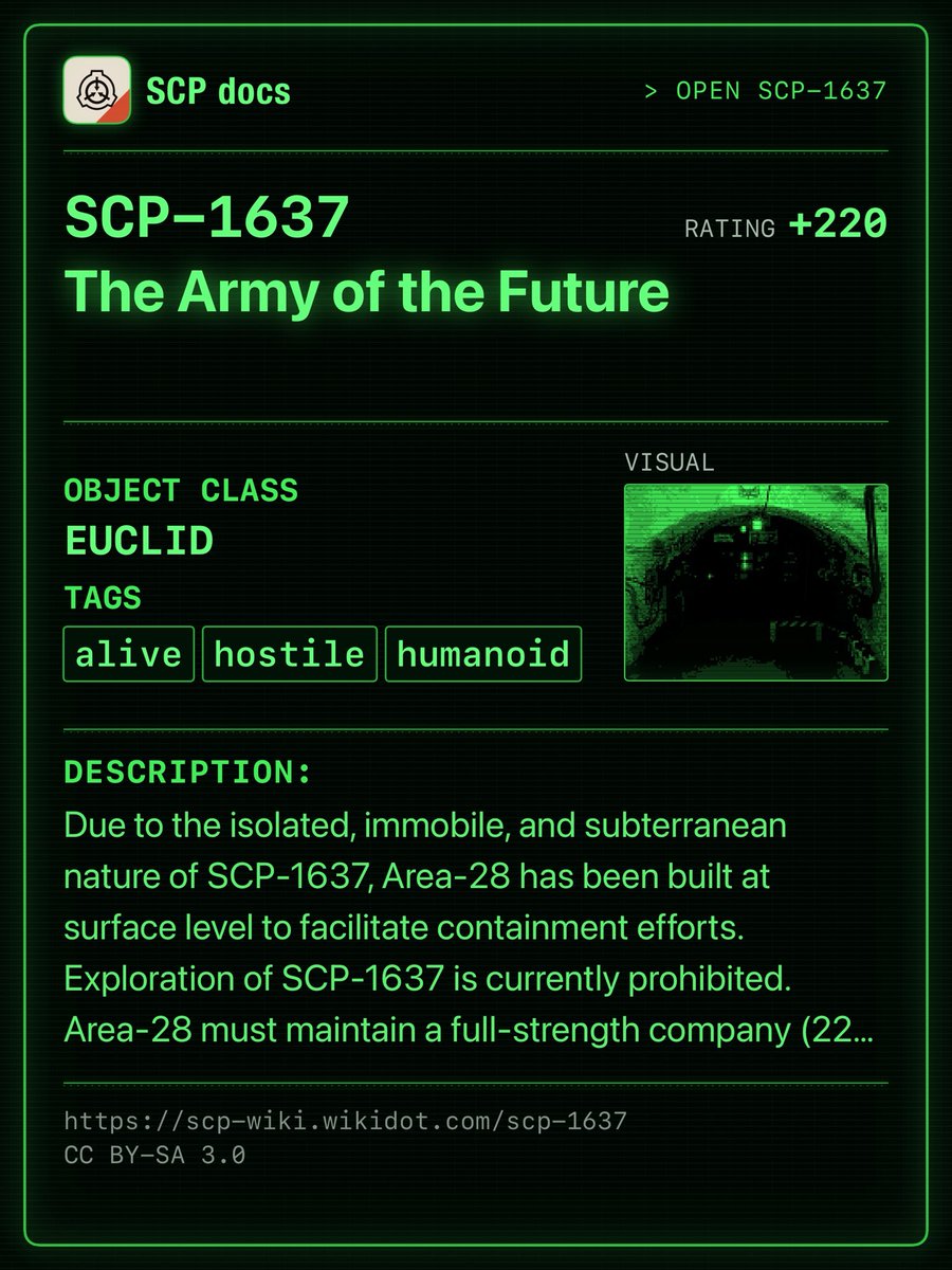 SCPdocs's tweet photo. SCP Spotlight

SCP-1637 "The Army of the Future"
https://t.co/bD3EzRL5Xe

⚠️ Due to the isolated, immobile, and subterranean nature of SCP-1637, Area-28 has been built…

Score: +220
Read: 10 min
🌐 EN · ES · FR · RU · CN · DE · VN
Tags: alive

#SCP #SCPdocs #SCPRecommendation https://t.co/cAA4HJ2QDC