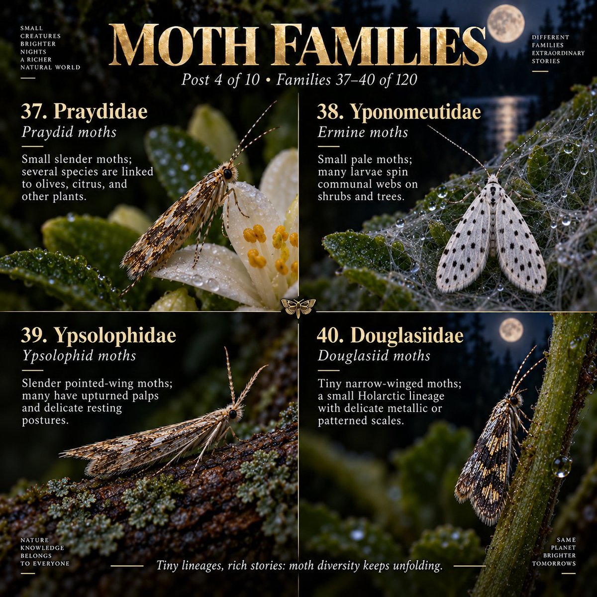 Naturetofly's tweet photo. Part 4 of 10 🌙 Families 37–48 take us from delicate ermine moths and metallic day-fliers to powerful carpenter moths and tiny hidden specialists. Their wings reveal an incredible variety of shapes, textures and camouflage strategies. Twelve more families, twelve more glimpses into the astonishing diversity of the moth world. ✨
#Moths #Lepidoptera #NatureFacts