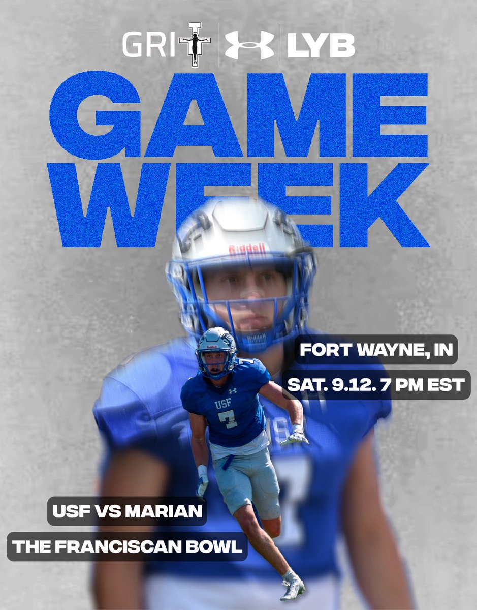 usf_fb's tweet photo. RIVALRY WEEK 💪
🏆 The Franciscan Bowl
🆚 Marian University
📍Fort Wayne, IN
📆 September 12th
⏱️ 7PM EST
#GRIT #LYB https://t.co/mxyu5fuvH1
