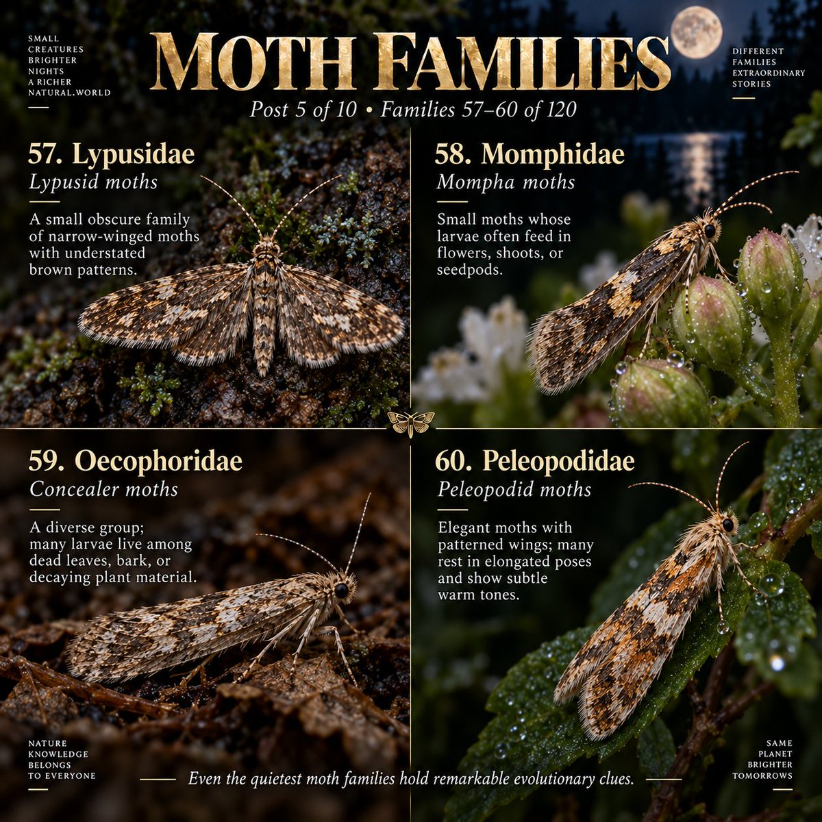 Naturetofly's tweet photo. Part 5 of 10 🌙 This chapter introduces moth families 49–60, from cryptic bark-dwellers and casebearers to grass miners and elegant flower visitors. Each family adds new wing shapes, patterns and survival strategies to the hidden diversity of moths. The more we explore, the more extraordinary their world becomes. ✨
#Moths #Lepidoptera #NatureFacts