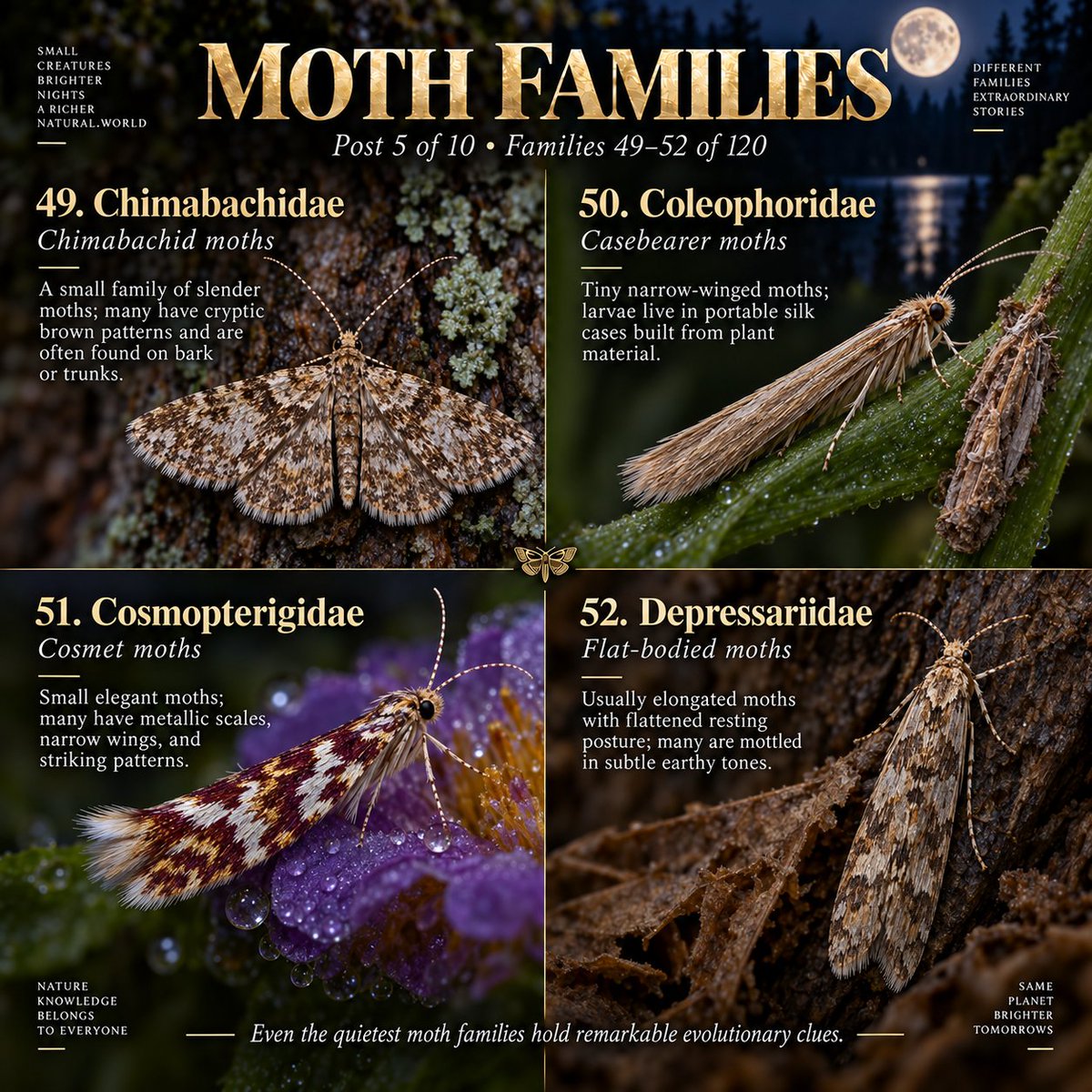 Naturetofly's tweet photo. Part 5 of 10 🌙 This chapter introduces moth families 49–60, from cryptic bark-dwellers and casebearers to grass miners and elegant flower visitors. Each family adds new wing shapes, patterns and survival strategies to the hidden diversity of moths. The more we explore, the more extraordinary their world becomes. ✨
#Moths #Lepidoptera #NatureFacts