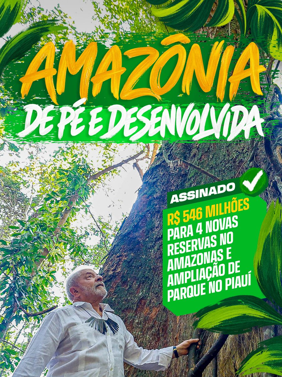 LulaOficial's tweet photo. Assinei hoje decretos que mostram que é possível desenvolver a Amazônia sem abrir mão de proteger nossas florestas e os povos que vivem nelas.

São quatro novas reservas no Amazonas e a ampliação do Parque Nacional de Sete Cidades, no Piauí. Cerca de 676 mil hectares protegidos.

Desenvolver também é cuidar, gerar oportunidades e garantir que a riqueza da floresta continue pertencendo a quem vive nela e ao povo brasileiro. 🌳🇧🇷