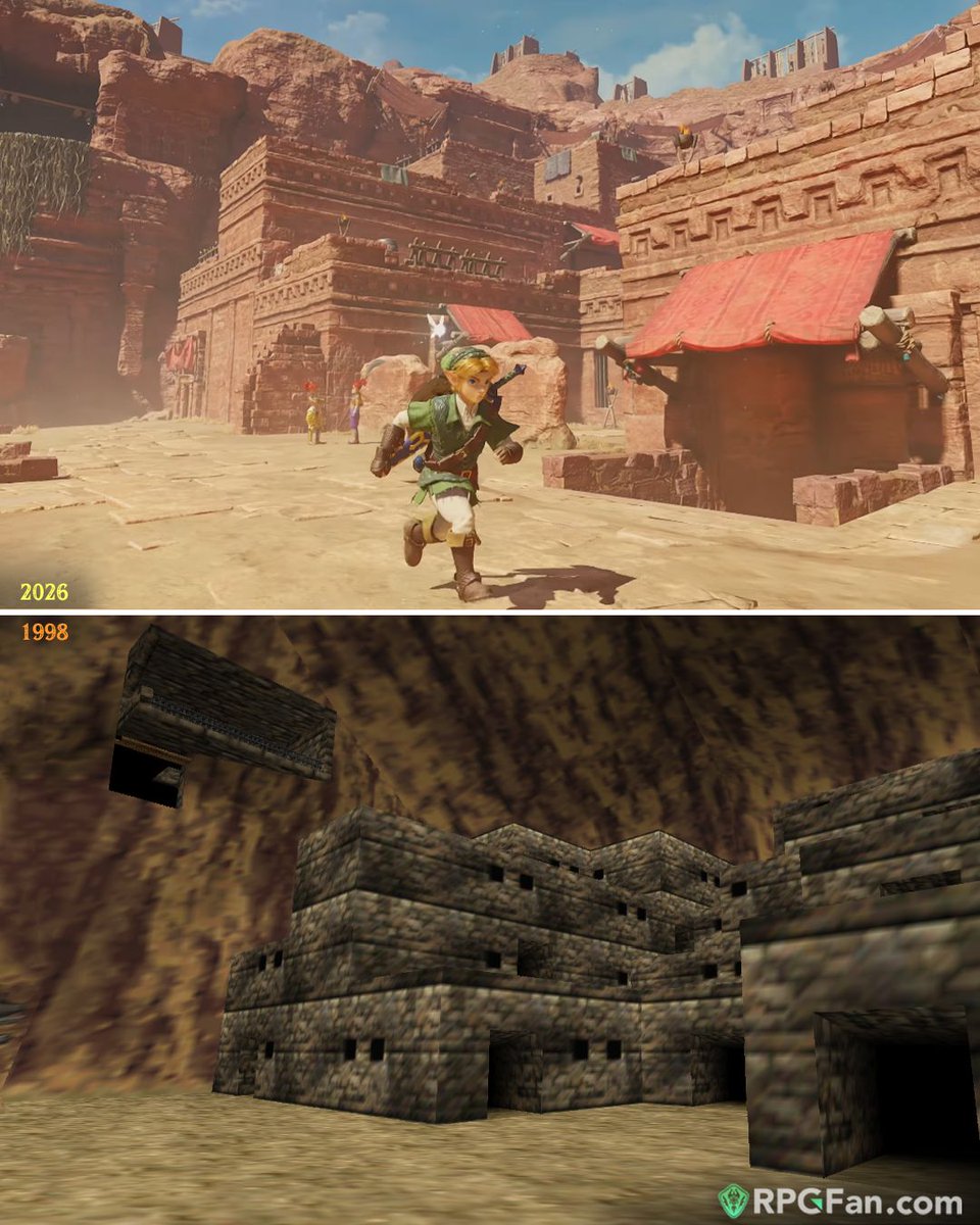rpgfancom's tweet photo. The Zelda: Ocarina of Time Remake is out this November, and we finally got see it in action...⚔️ Oh? You say you like comparison screenshots? ME TOO! So enjoy 12 comparison between Switch 2, original N64, and 2011 3DS releases. [1/3]

Trailer + Details: https://t.co/KNEESLgJn0 https://t.co/6CLWr1wzq3