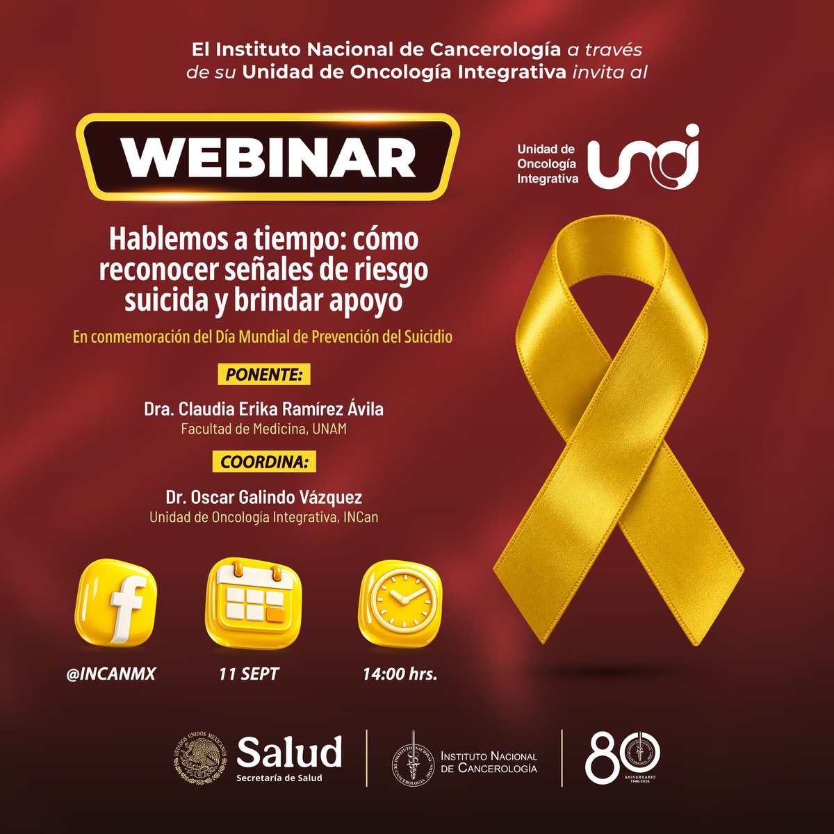incanMX's tweet photo. En el marco del Día Mundial de la Prevención del Suicidio, acompáñanos en este webinar para aprender a identificar señales de alerta y brindar apoyo oportuno.
📅 11 de septiembre | ⏰ 14:00 h 📲 Sigue la transmisión en la página de Facebook del INCan: @INCANMX https://t.co/98PgFuMDVK