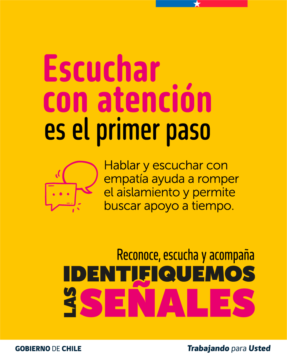 ministeriosalud's tweet photo. A veces, una conversación a tiempo puede cambiarlo todo. 💬💛

Escuchar con atención y sin juzgar es el primer paso para acompañar a quien está pasando por un momento difícil. #IdentifiquemosLasSeñales

▫️Para más información y aprender más sobre prevención del suicidio puedes ingresar a https://t.co/hoiBXel2P6