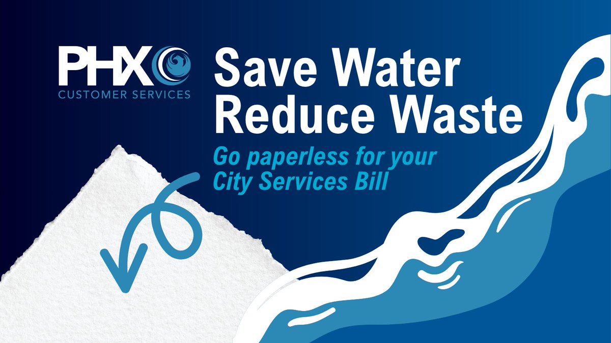 PHXWater's tweet photo. Save water by going paperless! 💧 

It takes more than 3 million gallons of water to print City Services Bills each month. Go digital, save water and help keep 8 tons of paper out of our landfill and recycling facilities. 

Switch now: https://t.co/I05rUiTOhB 

@PHXPublicWorks https://t.co/03QjKeORYG