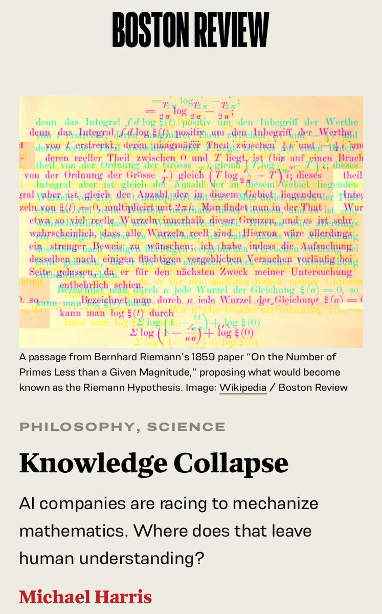 BostonReview's tweet photo. “Mathematics only makes sense as a gift economy. It has no trade secrets. Substituting a monetizable ersatz culture for the one evolved through historical experience is a particularly insidious form of knowledge collapse.” —Michael Harris

https://t.co/y6YiRROQTt https://t.co/17IpbB6AZW