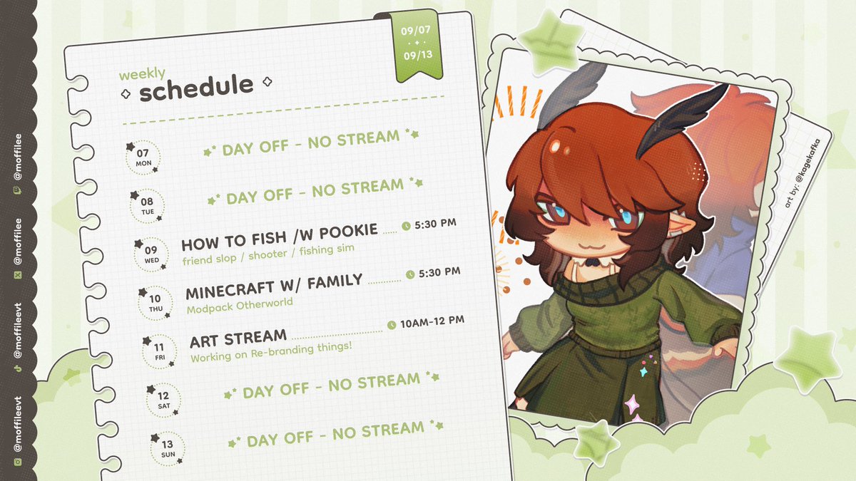 MoffiLee's tweet photo. ALRIGHT!! Figured since im making next week’s schedule I'd get started on this week. Very busy with rebranding but hopefully things will be close if not ready next week! 
✧ Sept 7 - Sept 13 ✧ EST ✧ https://t.co/7BcbqxfBIL