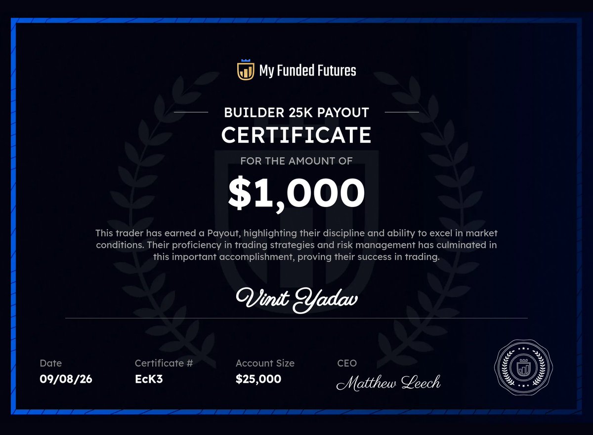 VinitFX's tweet photo. MFFU Funded — Another $1,000 Payout Requested 💰 @MyFundedFutures 

Requested another $1,000 payout from the same $25K Builder Account. 🔒

I had already built enough profit above the buffer to qualify for 2 payouts, so today was simply about taking a few small scalps to meet the basic payout criteria.

No need to force trades when the work is already done.
 Protect the capital. Follow the process. Get paid. 🎯📈
#MFFU #FundedTrader #TradingJourney