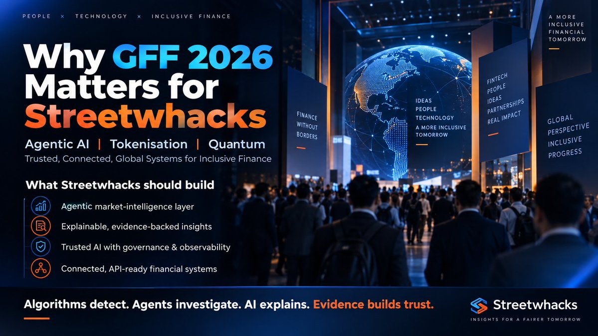 streetwhacks's tweet photo. Global Fintech Fest 2026 is sending a very clear signal about where financial technology is heading.

Potential to Impact:
Agentic AI · Tokenisation · Quantum 

Trusted, Connected, Global Systems for Inclusive Finance.

For Streetwhacks, the most important word here may actually be TRUSTED.

We’re building toward a market-intelligence platform where:

→ Proprietary algorithms detect what is happening in the market
→ Agentic AI investigates why it may be happening
→ Multiple data sources provide context
→ Evidence supports every generated insight
→ AI explains complex market activity in a simpler way
→ Observability, governance and auditability sit underneath the system
→ APIs eventually make Streetwhacks intelligence available beyond our own application

The future isn't just another AI chatbot sitting on top of financial data.

It is AI + proprietary analytics + evidence + trusted market infrastructure.

That is an important direction for us as we continue building Streetwhacks.

Algorithms detect.
Agents investigate.
AI explains.
Evidence builds trust.

#GFF2026 #AgenticAI #Fintech #MarketIntelligence
