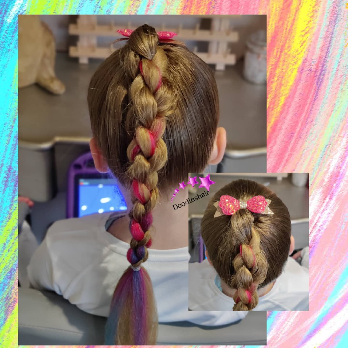 PenneyStopa's tweet photo. A splash of colour today as we try synthetic hair for day 2. Esther chose a four-strand round braid ponytail for a lovely 3D style, finished with a sparkling bow that pairs perfectly with the hair. https://t.co/QJrwKqhfI4