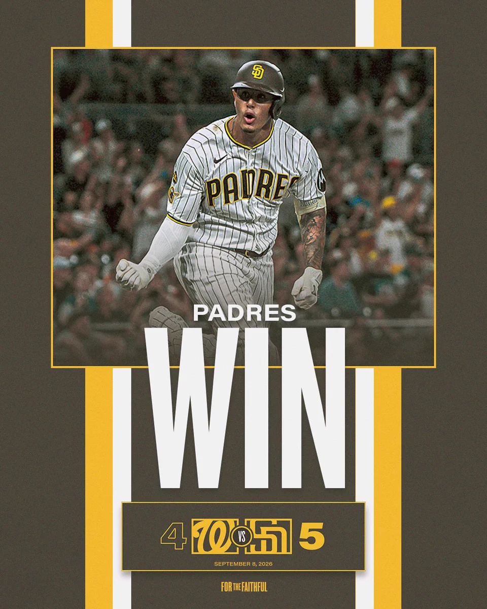 Padres Win Graphic. The background of the graphic is brown. In the center of the graphic, there is a photo of Manny Machado fired up as he starts to round the bases. There is a gold outline around the photo. Beneath the photo, there are gold and white stripes. On top of this photo, there is text that says, “PADRES WIN”. Beneath this text is today’s final score: Nationals 4, Padres 5. Beneath the score is today’s date: September 8, 2026. Beneath the date is the “For the Faithful” logo.