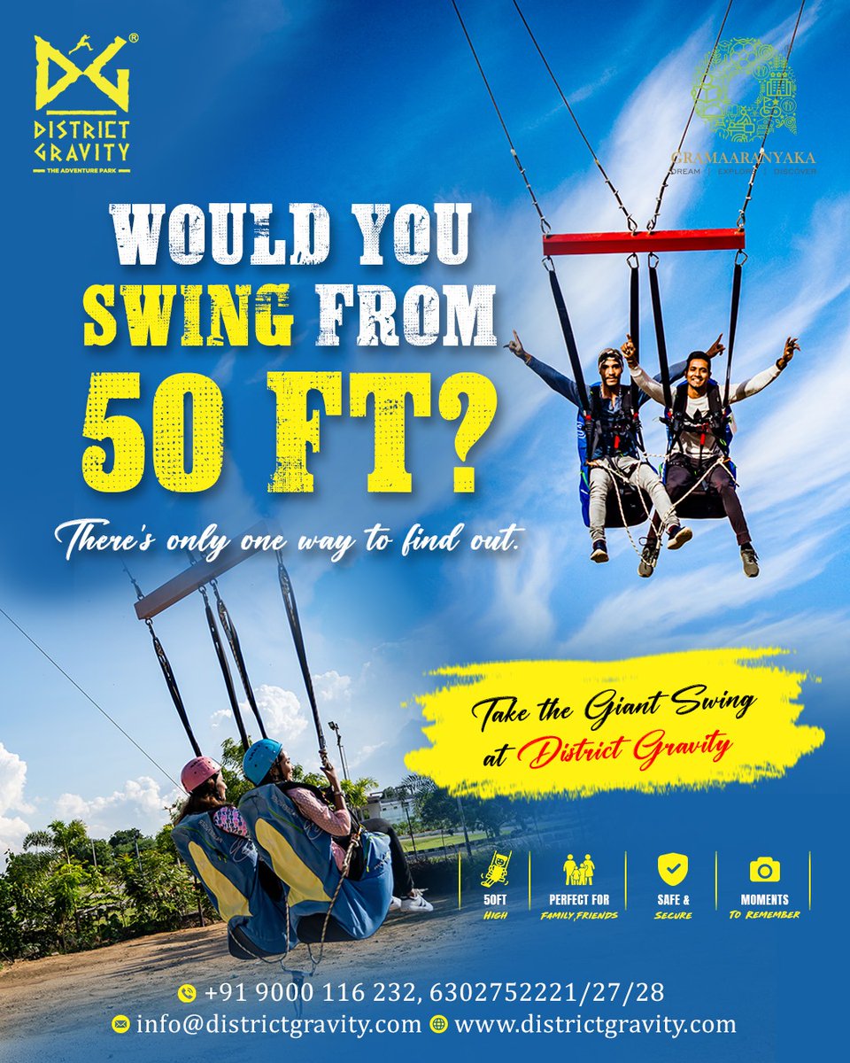 DistrictGravity's tweet photo. Would you swing from 50 feet? 
There’s only one way to find out!

Book Now: https://t.co/xeQs3FQ5vk
📞 63027 52221 | 63027 52227 | 63027 52228 | 90001 16232

#DistrictGravity #GiantSwing #AdventureAwaits #HyderabadAdventures #WeekendPlans https://t.co/9C2pveJXYd