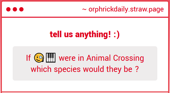 orphrickdaily's tweet photo. "If π§πΉ were in Animal Crossing which species would they be ?"
Very different answers here...
#orphricksp https://t.co/jl0wuJvpRq https://t.co/dpYxfrvHXO