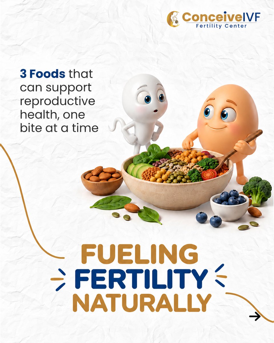 ConceiveIndia's tweet photo. Nourishing your body is one of the most empowering steps you can take on your fertility journey. 
Swipe through to discover 3 nutrient-dense foods that naturally support reproductive health, a balanced diet creates a strong foundation, fertility is complex and unique to everone https://t.co/o9DMae4qVT