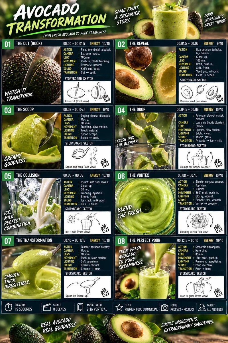 1H77k's tweet photo. Prompt:

​"A professional 8-panel storyboard infographic layout titled 'AVOCADO TRANSFORMATION' for a high-energy 15-second vertical commercial (9:16 aspect ratio). Clean dark background, vibrant green accents, modern typography, and high-end commercial food photography paired with clean technical storyboard sketches for each frame."

Detailed Scene Prompts for AI Video Generation

​Scene 01: The Cut (00:00 - 00:01.5)

​Prompt: Extreme macro close-up shot of a sharp knife slicing through a fresh, textured green avocado. Dramatic natural lighting, 100mm lens, fast knife cut tracking movement, high resolution, dynamic action shot.

​Scene 02: The Reveal (00:01.5 - 00:03)

​Prompt: Close-up shot of two halves of a fresh avocado opening up, revealing the smooth flesh and brown seed inside. Bright fresh studio lighting, 100mm lens, smooth pushing-in camera motion.

​Scene 03: The Scoop (00:03 - 00:04.5)

​Prompt: Macro slow-motion shot of a metal spoon smoothly scooping out bright green avocado flesh. Natural fresh lighting, 100mm lens, detailed texture of rich creamy avocado.

​Scene 04: The Drop (00:04.5 - 00:06)

​Prompt: Low-angle shot from inside a glass blender, slow-motion capture of fresh avocado chunks dropping in. Bright clean lighting, 50mm lens, dynamic upward perspective.

​Scene 05: The Collision (00:06 - 00:08)

​Prompt: Dynamic close-up of splash action as ice cubes and splash of fresh milk collide inside a glass blender container. Bright commercial studio lighting, high-speed camera, 50mm lens.

​Scene 06: The Vortex (00:08 - 00:10)

​Prompt: Top-down overhead shot inside a blender creating a swirling high-speed vortex of rich green avocado smoothie. Glossy, vibrant, bright lighting, 100mm macro lens, smooth 360^\circ orbital camera movement.

​Scene 07: The Transformation (00:10 - 00:12.5)

​Prompt: Extreme close-up shot of thick, creamy, velvety avocado smoothie texture being lifted with a spoon. Soft premium studio lighting, rich green colors, 100mm lens, smooth push-in slow motion.

​Scene 08: The Perfect Pour (00:12.5 - 00:15)

​Prompt: Hero commercial shot of a thick green avocado smoothie pouring smoothly into a tall clear glass, garnished with fresh mint on top. Warm appetizing commercial lighting, 85mm lens, 180^\circ slow orbit camera view.