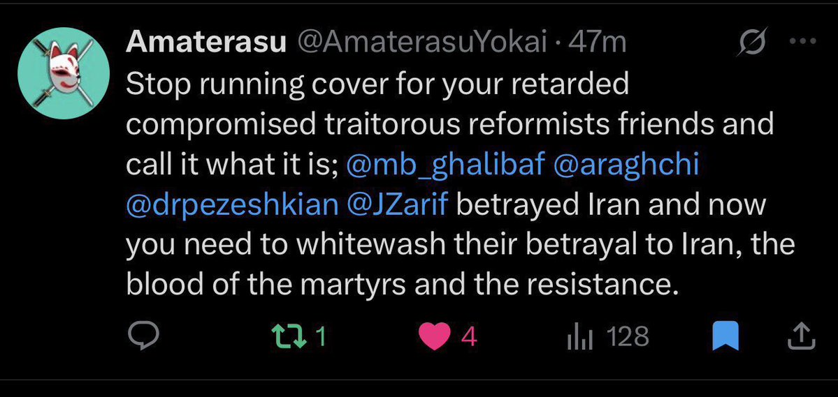 Alisorrr5's tweet photo. Think about how DESPERATE the IRGC looks right now.
NO Mojtaba.
NO victory.
NO credibility.
Even their OWN supporters aren’t taking them seriously anymore they’re LAUGHING at them. 😂
That’s not strength. 
That’s DESPERATION .  #RC. 🌊 https://t.co/fJdj3MbRmY