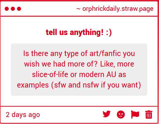 orphrickdaily's tweet photo. "Is there any type of art/fanfic you wish we had more of? Like, more slice-of-life or modern AU as examples (sfw and nsfw if you want)"
Heavy NSFW warning I fear. Full transparency though! <3
#orphricksp https://t.co/jl0wuJvpRq https://t.co/Z6QqDRhvtc