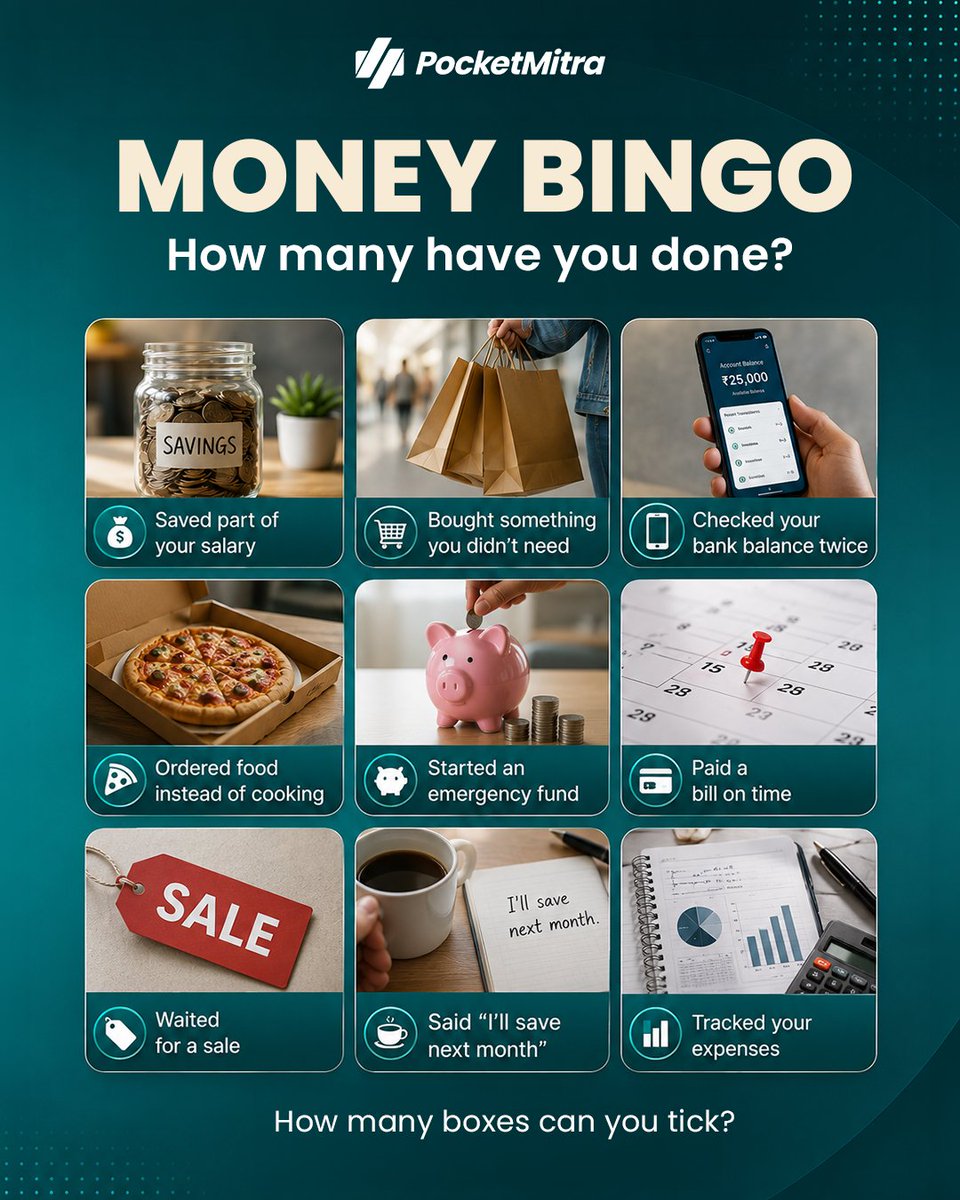 pocketmitra's tweet photo. How many of these money moments are way too relatable? 👀💸
From saving like a pro to promising yourself, “I’ll save next month” 😅 — we’ve all been there.
Play Money Bingo, count your ticks, and drop your score __/9 in the comments. 👇 https://t.co/fBLQZbWwg3