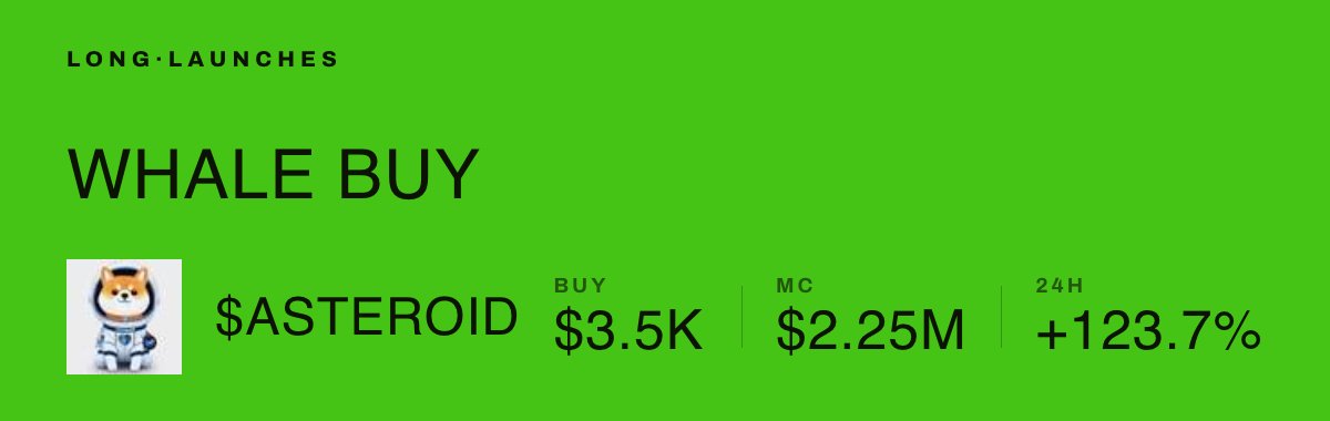LongLaunches's tweet photo. 🐋 WHALE BUY on @longdotxyz

$3.5K of $ASTEROID just got bought in a single swap

MC $2.25M · https://t.co/MLcZkcMnCS

#LongLaunches https://t.co/OlUK4p6boX