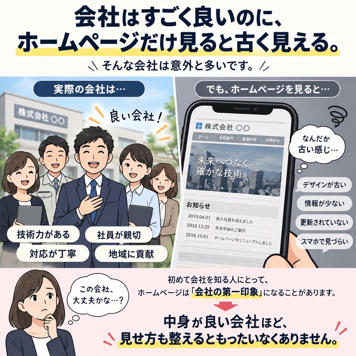 class_webmk's tweet photo. 会社はすごく良いのに、
ホームページだけ見ると古く見える。

そんな会社は意外と多いです。

初めて会社を知る人にとって、
ホームページは「会社の第一印象」になることがあります。

中身が良い会社ほど、見せ方も整えるともったいなくありません。 https://t.co/5eklS4eJj3