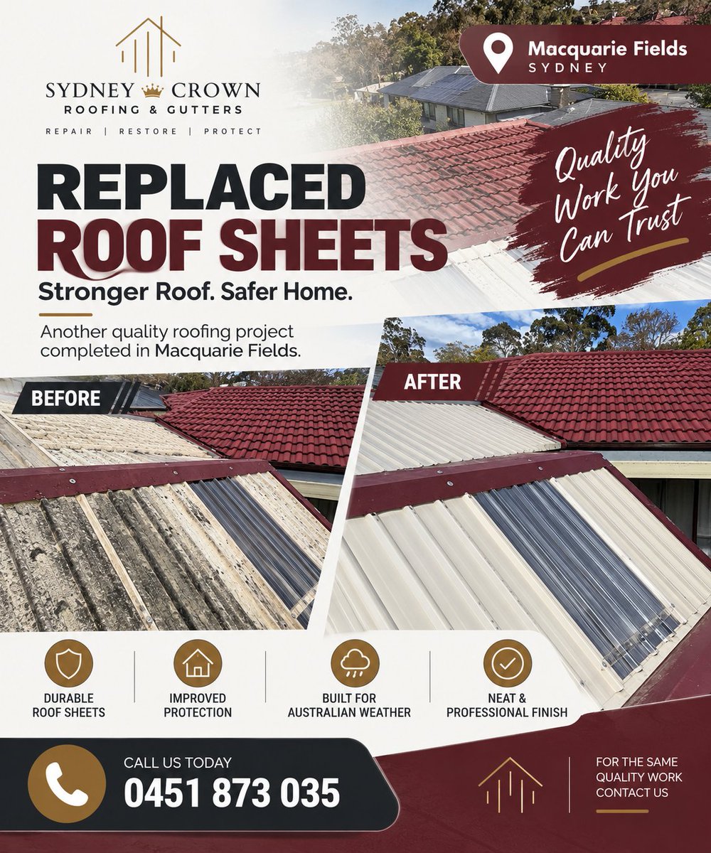 SydneyCrownrof's tweet photo. Recent roof sheet replacement in Macquarie Fields, helping improve the roof's condition and protection. We also provide roof repairs in Ingleburn and roof restoration across Sydney and surrounding suburbs. Quality roofing work for local homes.
#RoofRestoration #MacquarieFields https://t.co/4nMHUJ8S7F