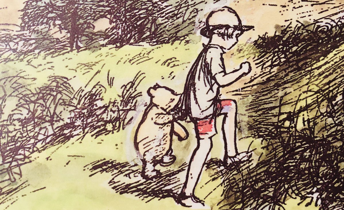 A_AMilne's tweet photo. The funny thing is that Pooh doesn’t like being called a Teddy Bear now, and if anybody says to Christopher Robin, ‘Is that your 
T—y B—?’ Christopher Robin says very coldly, ‘No, it’s Pooh,’ and then Pooh and he go off whispering together. ~A.A.Milne #nationalteddybearday https://t.co/rv72EDaPrk