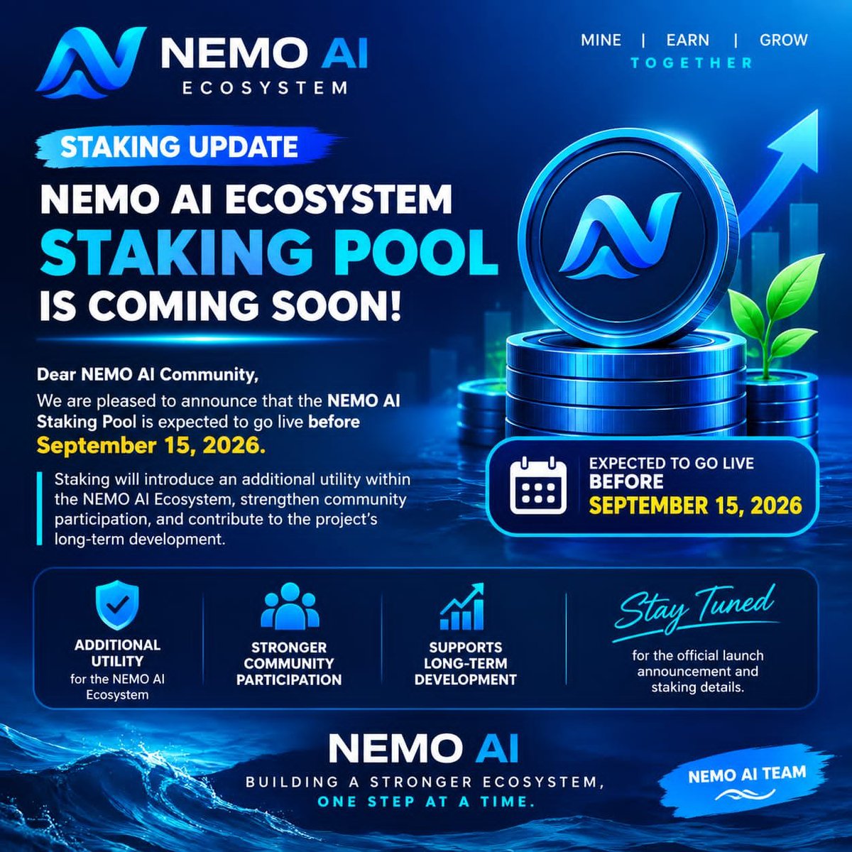 NemoaiUK_1's tweet photo. 🚀 NEMO AI ECOSYSTEM — STAKING UPDATE

Dear NEMO AI Community,

We are pleased to announce that the NEMO AI Staking Pool is expected to go live before September 15, 2026.

🔐 Staking will introduce an additional utility within the NEMO AI Ecosystem, strengthen community participation, and contribute to the project’s long-term development.

🌊 NEMO AI — Building a Stronger Ecosystem, One Step at a Time.

Stay tuned for the official launch announcement and staking details.

NEMO AI TEAM 🚀

Join Nemo Ai telegram link below 👇👇.
https://t.co/RwYyzGmF1w