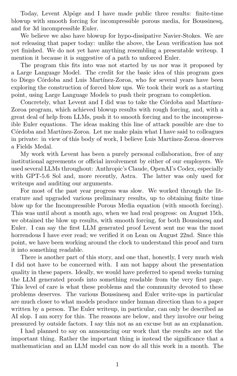 zjasper's tweet photo. As a mathematician, the OpenAI/Navier-Stokes story feels genuinely historic and unusually dramatic.

Navier-Stokes is one of the seven Millennium Prize Problems, each carrying a $1M prize. These are not just hard benchmark questions. They are among the most important open problems in mathematics, and entire research programs can grow around finding even one plausible route toward them.

Buckmaster and Levent Alpöge had spent most of the past year pushing a program started by Diego Córdoba and Luis Martínez-Zoroza. Their goal was to take known blowup constructions with rough forcing and push them to smooth forcing, ultimately toward incompressible Euler and Navier-Stokes.

By August 15, they had obtained smooth-forcing blowup results for Boussinesq and Euler. They were using Claude and Codex heavily throughout the project, and Buckmaster says they had been putting their drafts into Codex.

Then rumors started circulating that “Anthropic” had solved a major open problem.

OpenAI says those rumors triggered a large-scale effort on the Millennium Prize problems. Thousands of agents were launched, first attacking nearby Euler problems before the effort moved toward Navier-Stokes.

What made Buckmaster immediately suspicious was the direction: forced Navier-Stokes with smooth forcing.

In his statement, he says this was precisely the route Córdoba and Martínez-Zoroza had opened and that he and Alpöge had “quietly chosen to attack.” Almost nobody else he knew was working on it.

His reaction:
“When I heard ‘forced,’ it was a bright red flag.”

He then asked whether OpenAI’s model had been trained on, or otherwise had access to, their Codex sessions. According to Buckmaster, he was told the model did not look up user data, but when he asked specifically about training, he did not get a clear answer.

OpenAI denies directly accessing their private work, but its own post says:
“While unlikely, we cannot rule out that de-identified data derived from their usage of our products helped improve our models.”

And then the story becomes genuinely dramatic. Buckmaster says he was offered publication arrangements, including one where he alone would present OpenAI’s Navier-Stokes result without Levent Alpöge as an author. He says Bubeck emphasized that Alpöge working at Anthropic was the complication.
Buckmaster declined.

He then says that when he told OpenAI he would make the episode public if the result was released that way, the response was:
“Why would you ruin your career?”

Bubeck disputes Buckmaster’s characterization of the interaction.

Buckmaster is also careful about what he is claiming. He explicitly writes:
“I do not know whether our data was used. I am not accusing anyone of anything.”

That distinction matters.

But I think Tristan’s most important observation is broader than the dispute itself. He calls this a “Deep Blue-Kasparov moment” for mathematics.

For a Millennium Prize problem, the scarce intellectual resource is not merely the final proof. It is often years of taste, failed attempts, literature, intuition, and judgment that tell you where the promising path is.

If a small group discovers that path, and simply revealing that it is promising can trigger 10,000 AI agents to attack it, then mathematics may be entering a world where identifying the right question becomes more valuable than solving it.

And that could fundamentally change the culture of open mathematics.

Tristan Buckmaster’s statement:
https://t.co/QqCw94MjfC
