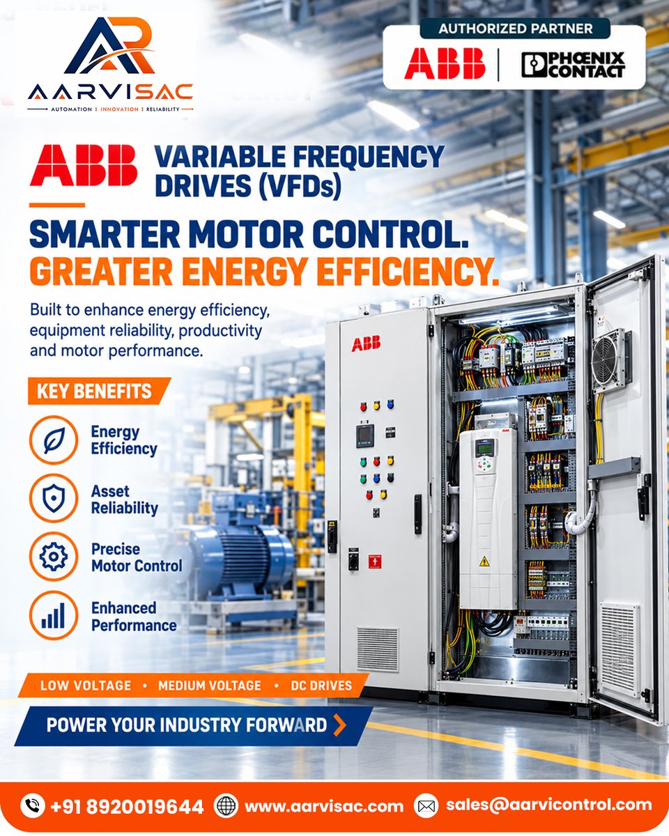 Aarvisac's tweet photo. Smarter motor control means greater energy savings. ⚡
ABB Variable Frequency Drives optimize motor speed, reduce mechanical stress and improve equipment reliability—helping operating costs.
🌐 https://t.co/erRUGlHTI1

#ABBVFD #IndustrialAutomation #EnergyEfficiency #SmartFactory https://t.co/RKCn6yPwCH