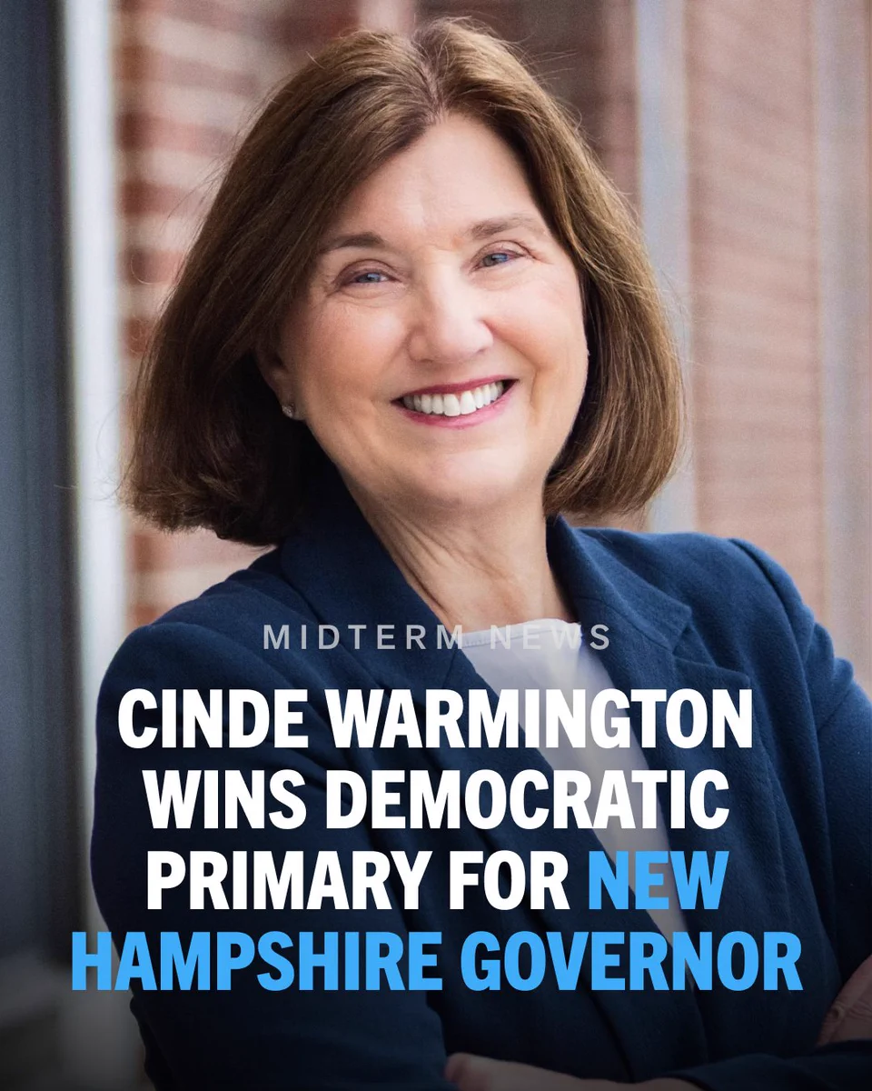An image of Cinde Warmington smiling. Text overlaid reads, "Midterm news: Cinde Warmington wins Democratic primary for New Hampshire governor."