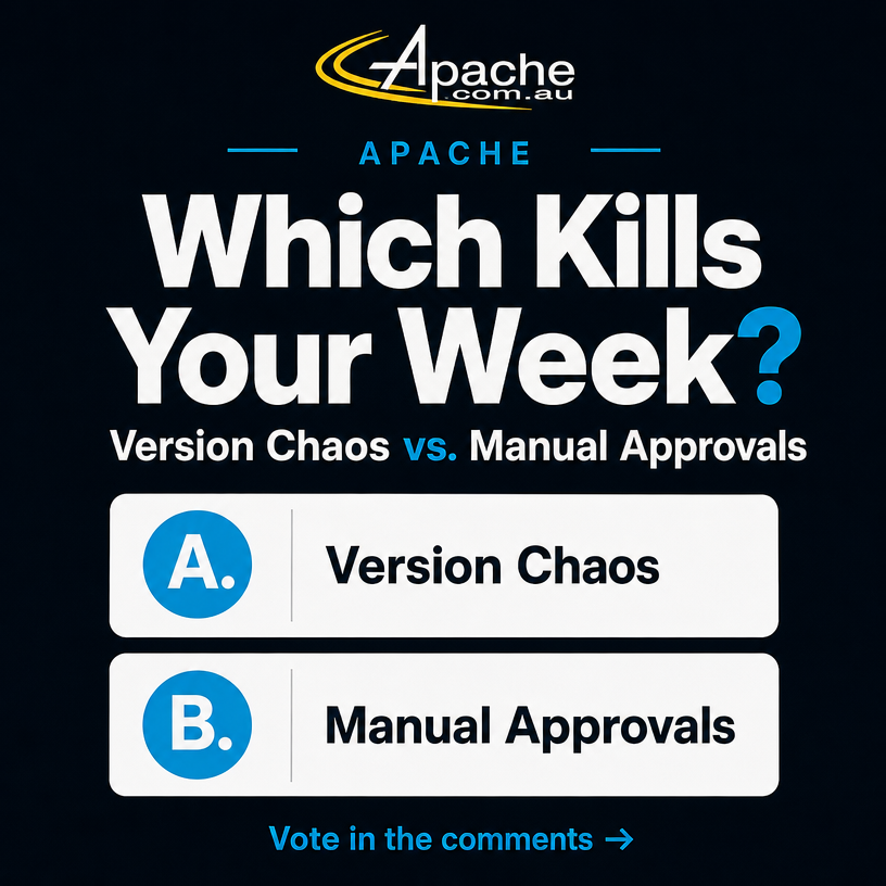 ApacheIT's tweet photo. Version chaos or manual approvals: which one derails your productivity most often? Vote in the comments and discover how Apache can transform your Microsoft 365 tools into a streamlined, compliance-ready platform. https://t.co/79w7NzSw5S