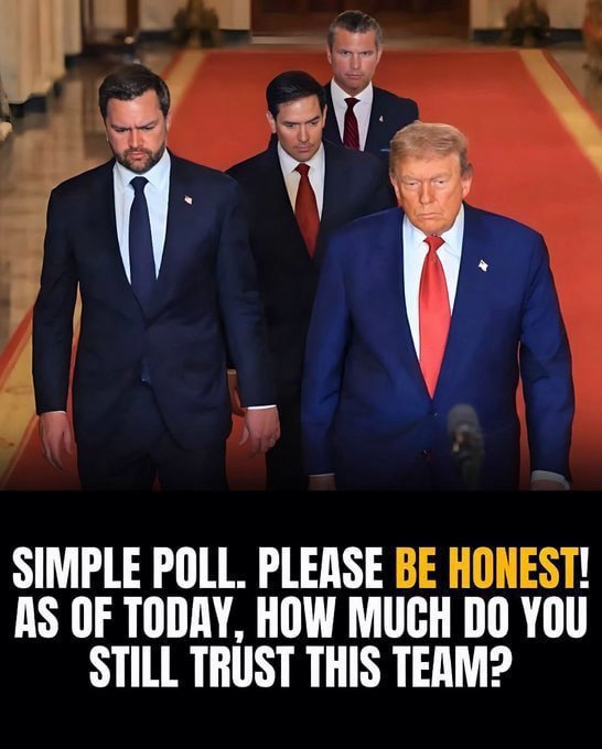 IvankaTrumwsi5's tweet photo. Simple poll. Please be honest! As of today, how much do you still trust this team?

A. 100%  
B. 75%  
C. 50%  
D. 25%  
E. 0% https://t.co/Vx700ma2RC