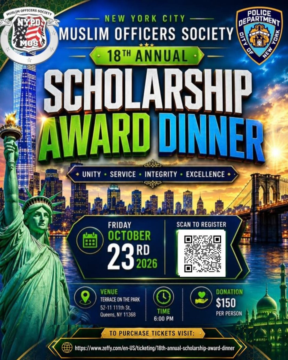 NYPDMuslim's tweet photo. The NYPD Muslim Officers Society’s Eighteenth Annual Scholarship Award Dinner is scheduled on
Friday, October 23rd, 2026

https://t.co/1d2sCJ7mI8 https://t.co/zaa9Anfkj4