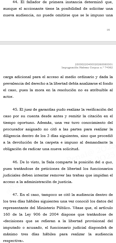 loviedoH's tweet photo. Corte S. Rad. 74062/26 Habeas C. por vencimiento de términos en libertad.

Cuando el Juez de Garantías no realiza la audiencia por faltar datos de partes a intervenir: "El juez de garantías pudo realizar la verificación del caso por su cuenta desde antes y remitir la citación https://t.co/wtWZdIXqkE