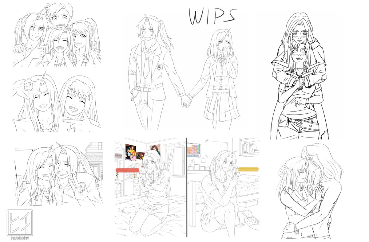 XxReiReixX_arts's tweet photo. Some wips, this weekend was for lineart and sketching! 😅
The #fma ones have clear lineart, the #mtas are sketch, the one at the oasis still needs work 😂
#OC #selfinsert #selfship https://t.co/uWGKvOIArI